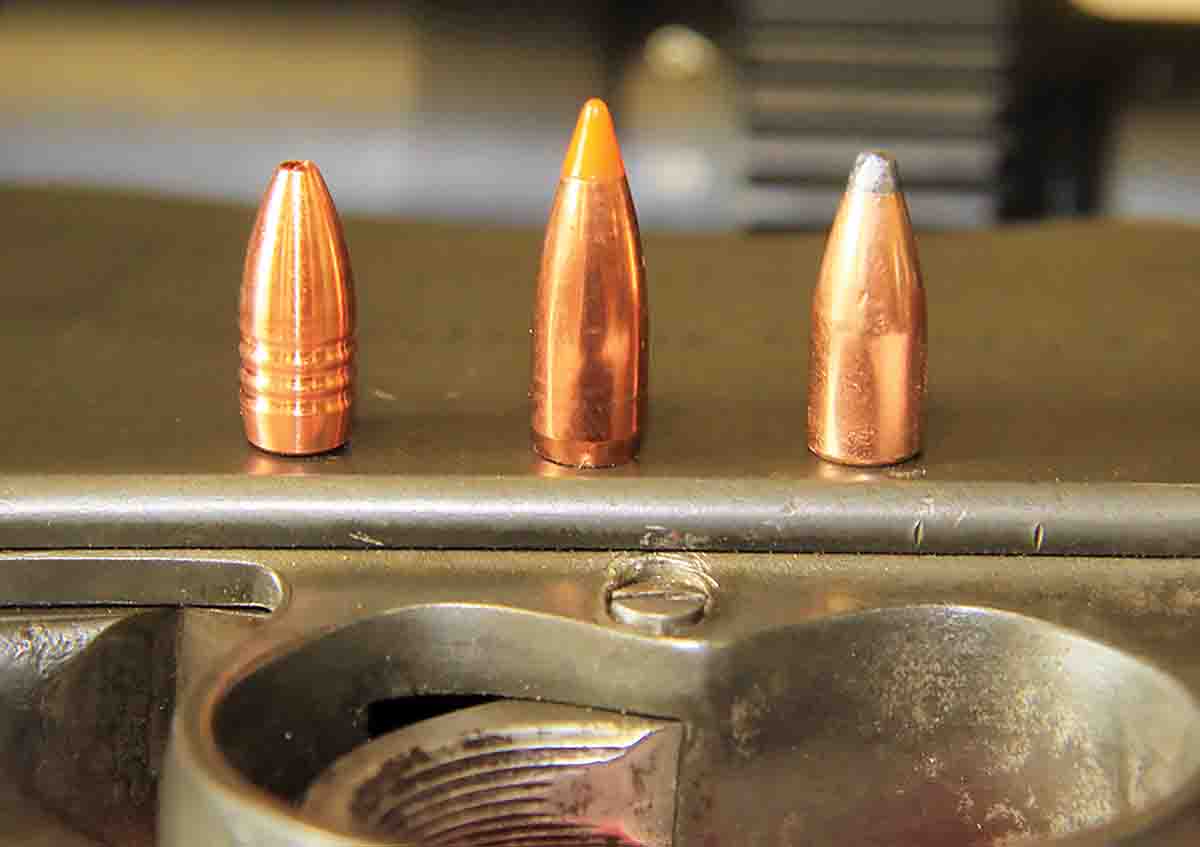 Bullets selected for 100-yard .22 K-Hornet rifle testing included (left to right): Hammer Bullets’ 35-grain Hammer Hunter, Nosler’s 40-grain Ballistic Tip Varmint and Hornady’s 45-grain Hornet softpoint.